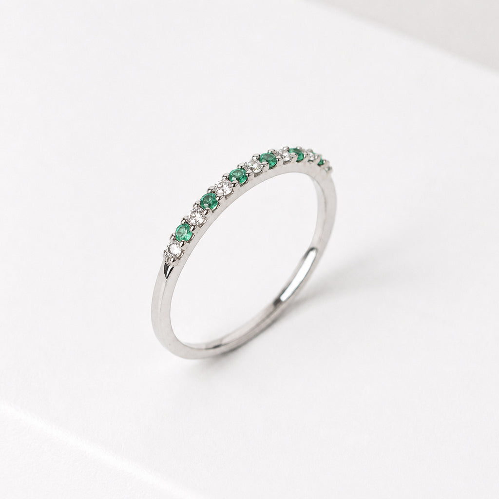 14K Anillo oro blanco esmeraldas diamantes