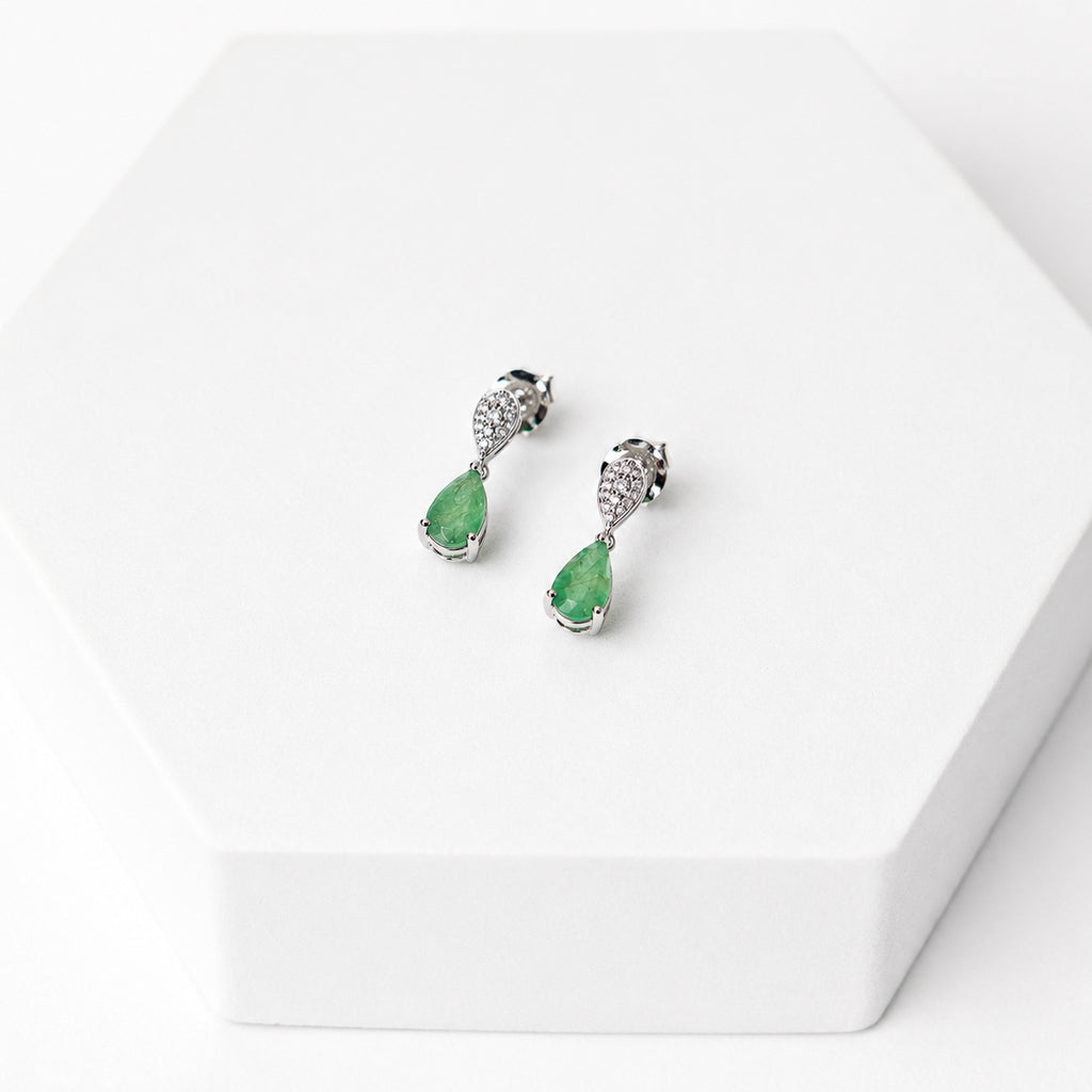 14K Aretes oro blanco con esmeraldas diamantes