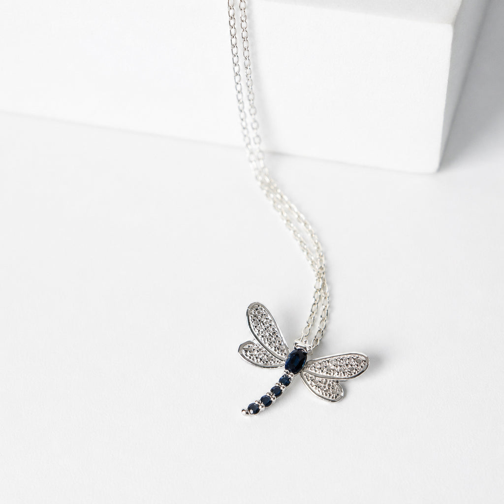 14k dije oro blanco de libélula zafiros con diamantes sin cadena