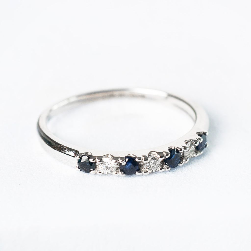 14K anillo oro blanco zafiro diamantes