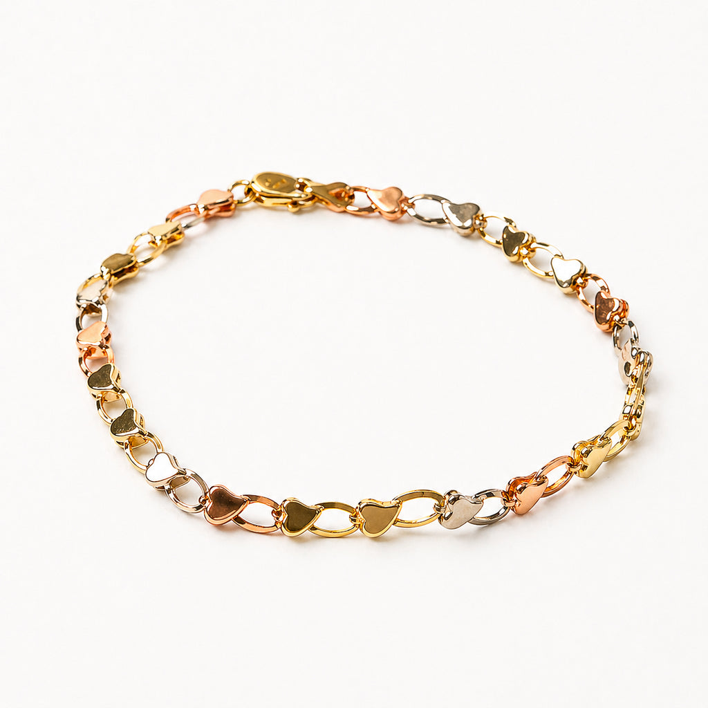 PULSERA CORAZONES EN 3 OROS DE 14K