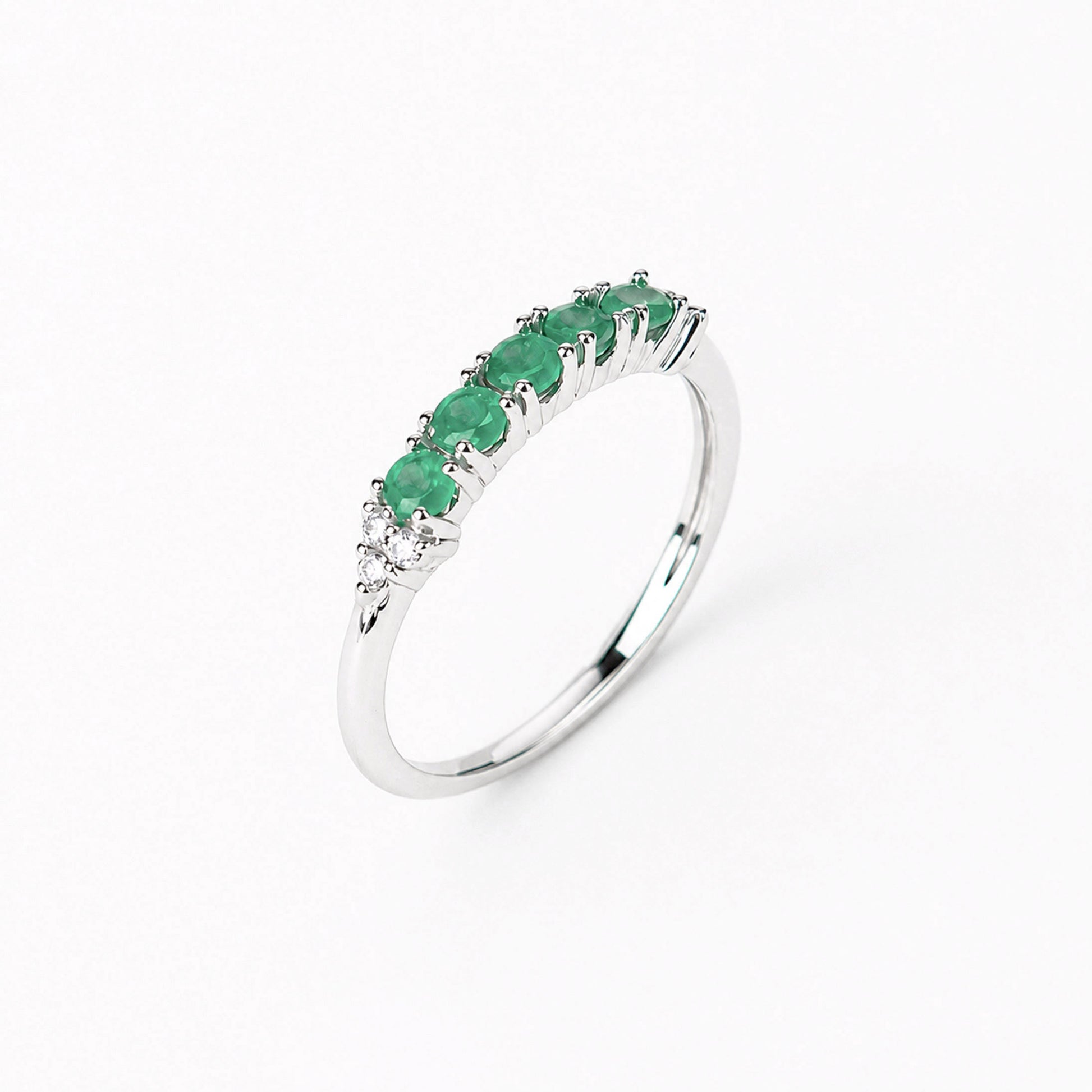 14K Anillo oro blanco esmeraldas diamantes