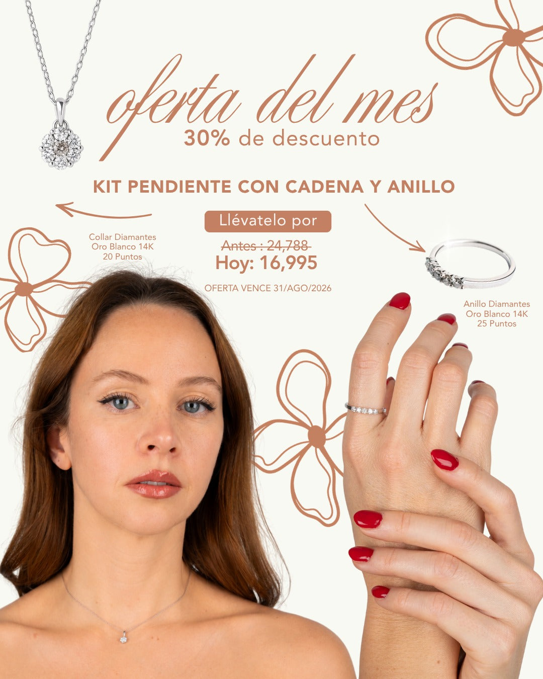 14k Kit pendiente con cadena y anillos de diamantes naturales